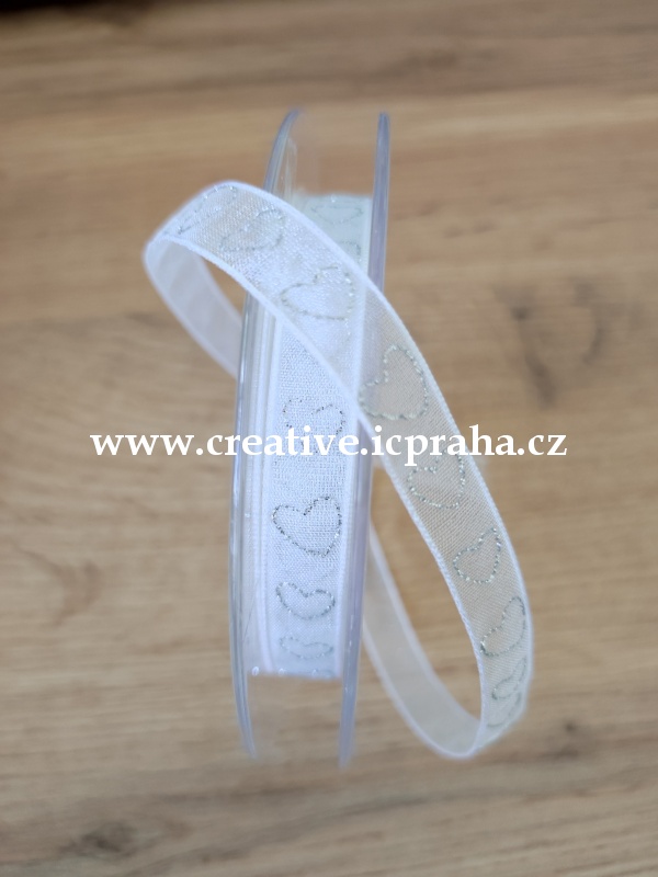 Stuha chiffon - 10mm bílá /střibr. srdce